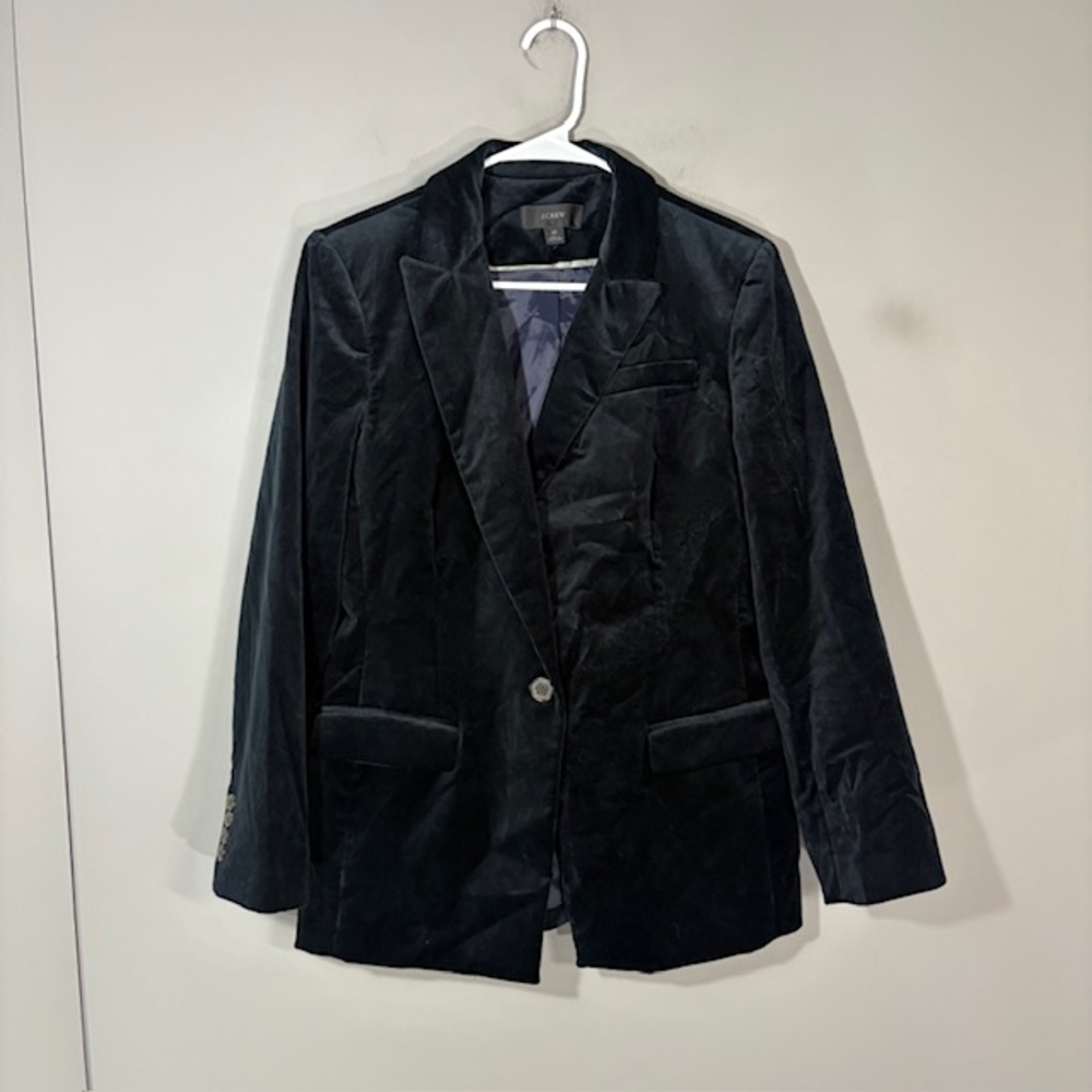 J.Crew Blazer Womens 10 Navy Velvet Stretch One Button Tuxedo Jacket Workwear